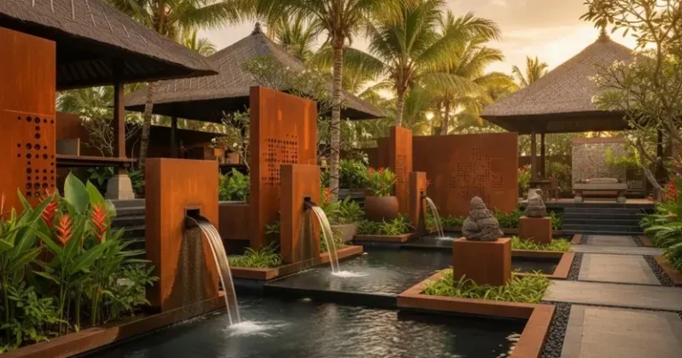 Five-star hotel luxury marine-grade stainless steel cascading water feature and outdoor water fountain system.